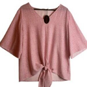 BLUE TIME V-NECK BLOUSE FRONT TIE BOHO PASTEL PINK/ABSTRACT WHITE DESIGN NWT